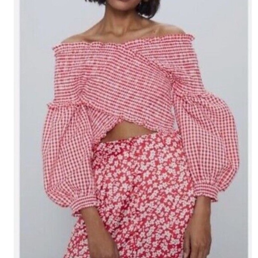 Zara Red Gingham Off-Shoulder Top